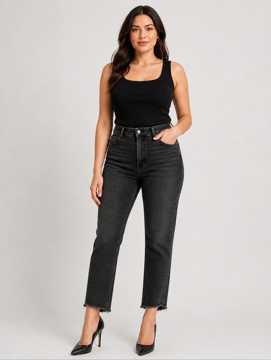 Everlane Denim - Everlane High Rise Straight Ankle Jeans Womens 27 Black Raw Hem Stretch Denim